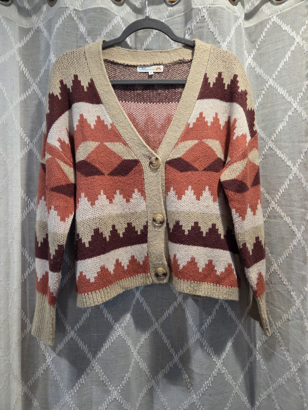 C&C California Rust, Burgundy & Beige Geometric Button-Up Cardigan
